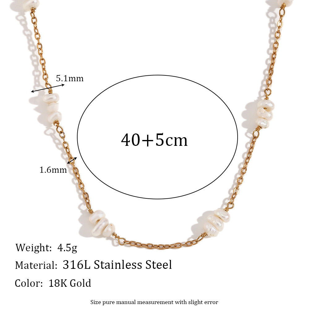 Fashionable Geometric Stainless Steel Necklace with 18K Gold Plating, Freshwater Pearl Beads, and Titanium Steel Pendant for Women