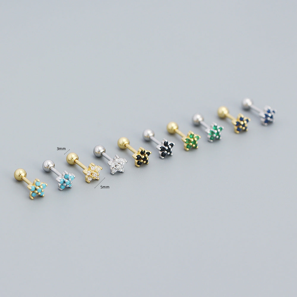 Pendientes de tuerca minimalistas de plata con diseño floral y circonita para mujer, pendientes de plata de ley 925 tipo ear cuff y piercing para cartílago