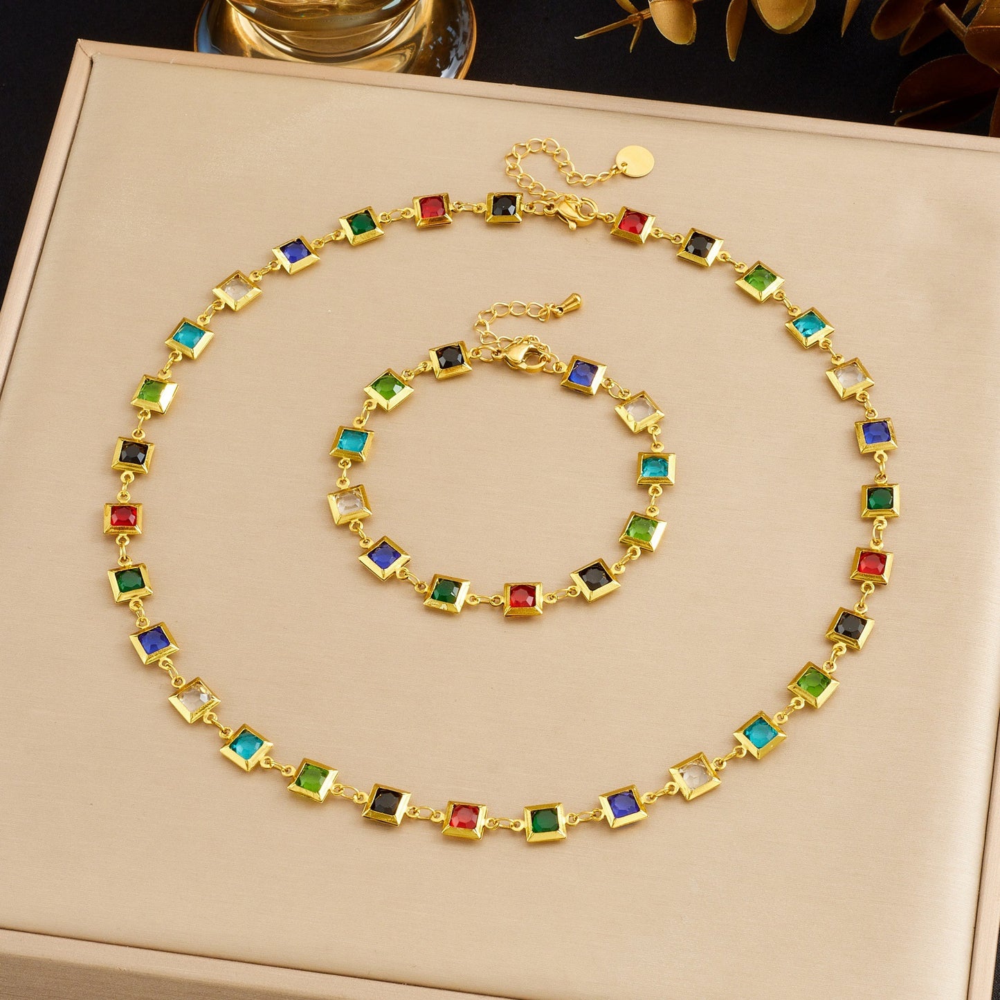 Gold Plated Stainless Steel Square Rhinestone Crystal Necklace Bracelet Set for Women