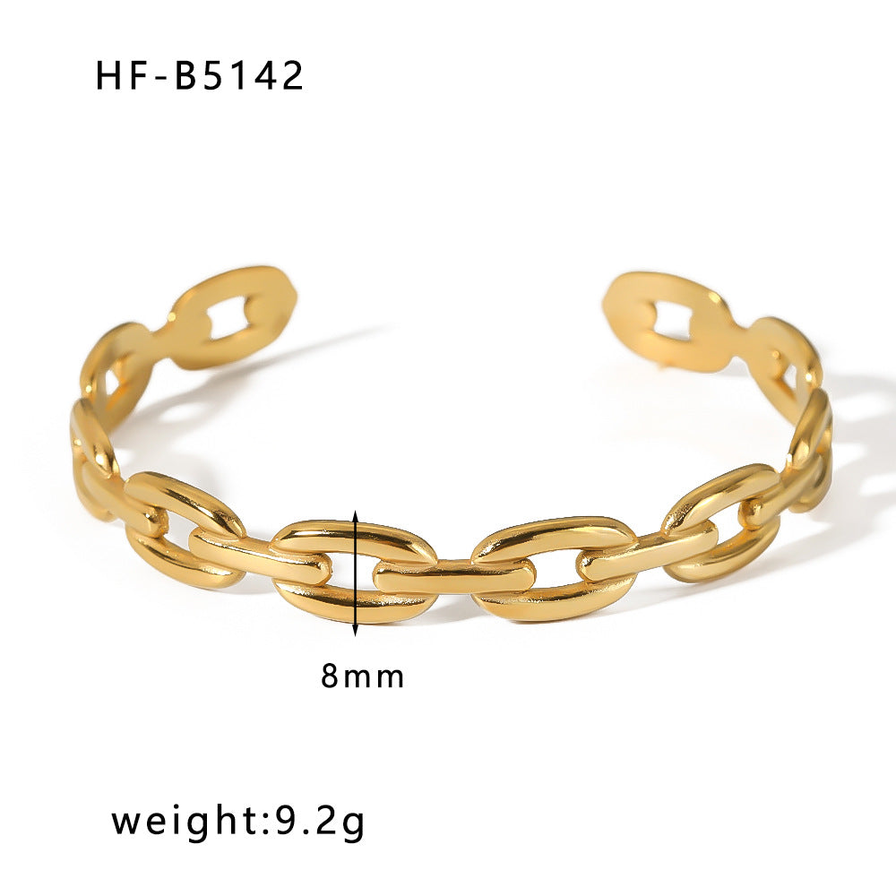 Adjustable Open Bangle Bracelet for Women in Stainless Steel with 18K Gold Plating, Hollow-Out Design, Textured Chain and Irregular Woven Pattern