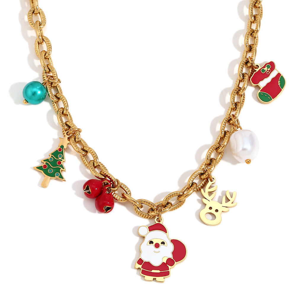 Fashionable Cartoon Character Pendant Necklace for Women Stainless Steel with 18K Gold Plating Large O-Shape Chain Christmas Theme Deer Santa Bell Design