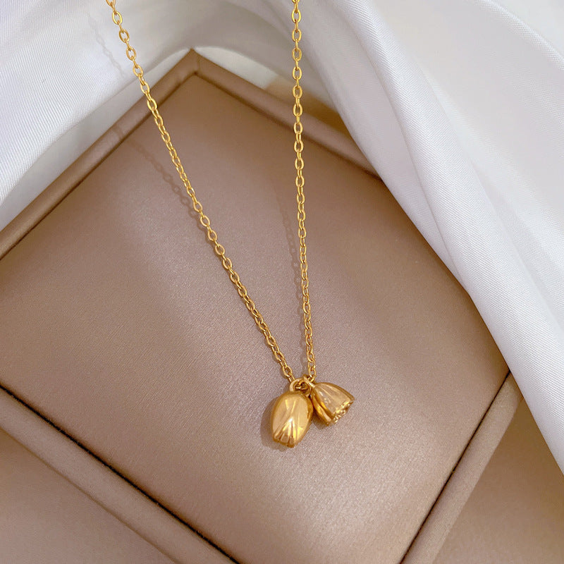 Minimalist Lotus and Penglai Geometric Pendant Necklace in Titanium Steel with Gold Plating for Women and Men