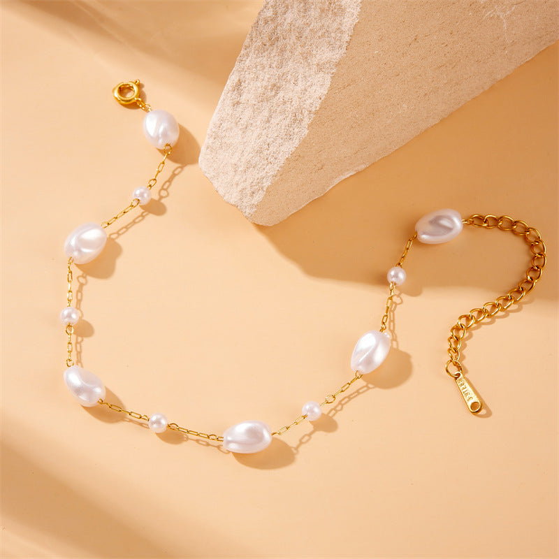 Vintage Office Chic Plated Stainless Steel Irregular Pearl Bracelet