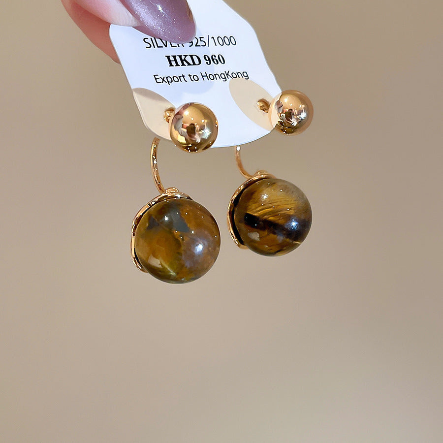 Pendientes de tuerca ovalados de ojo de tigre estilo Maillard vintage con postes de plata 925 bañados en oro de 18 quilates