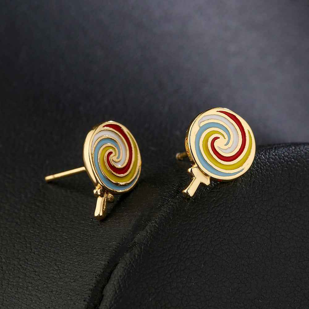 Sweet Cute Geometric Copper Earrings with 18K Gold Plating and Enamel Zircon Star Moon Candy Design for Women