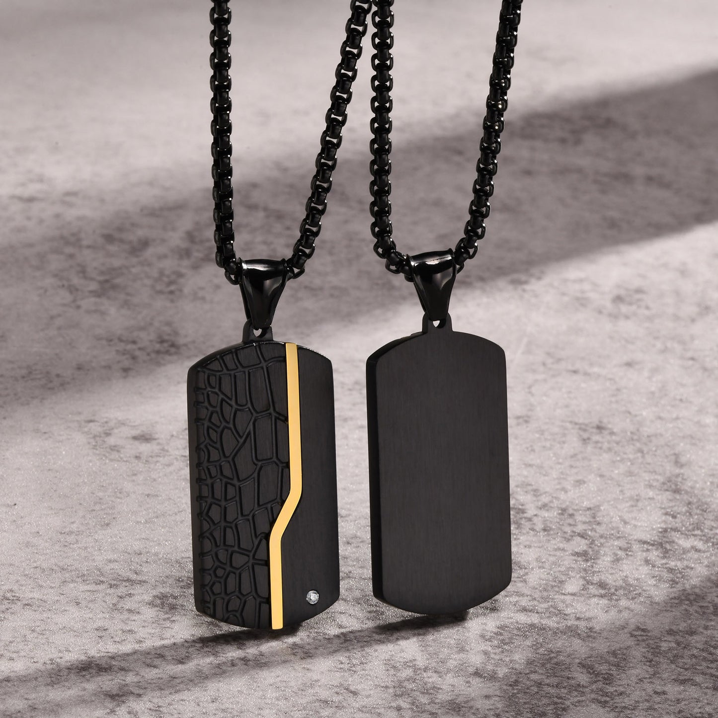 Retro Black Cracked White Zircon Stainless Steel Military Dog Tag Necklace with Plated Finish for Men and Women