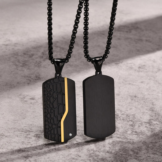 Collar militar con colgante de placa de identificación retro de acero inoxidable negro y circonita blanca agrietada con acabado chapado para hombres y mujeres