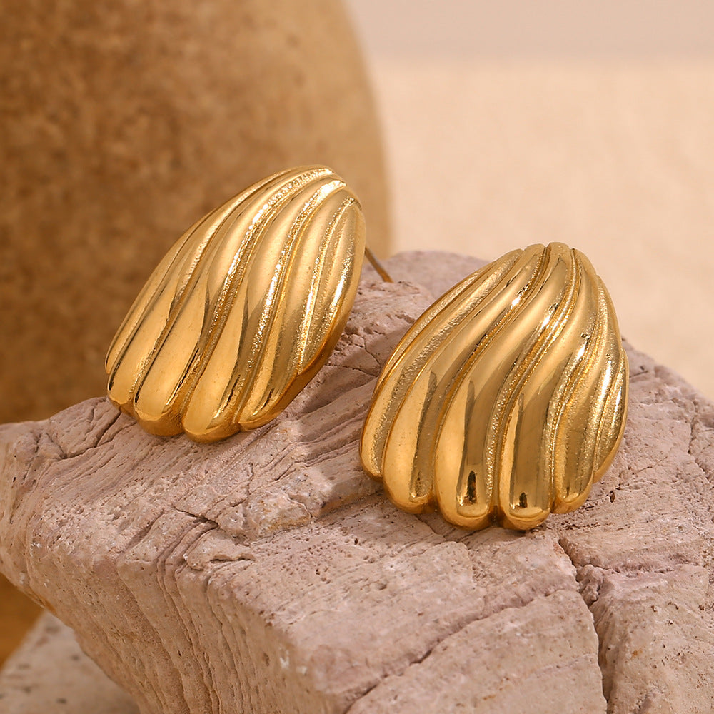 Minimalist Geometric Stainless Steel Earrings with 18K Gold Plating for Women, Fan-Shaped Studs