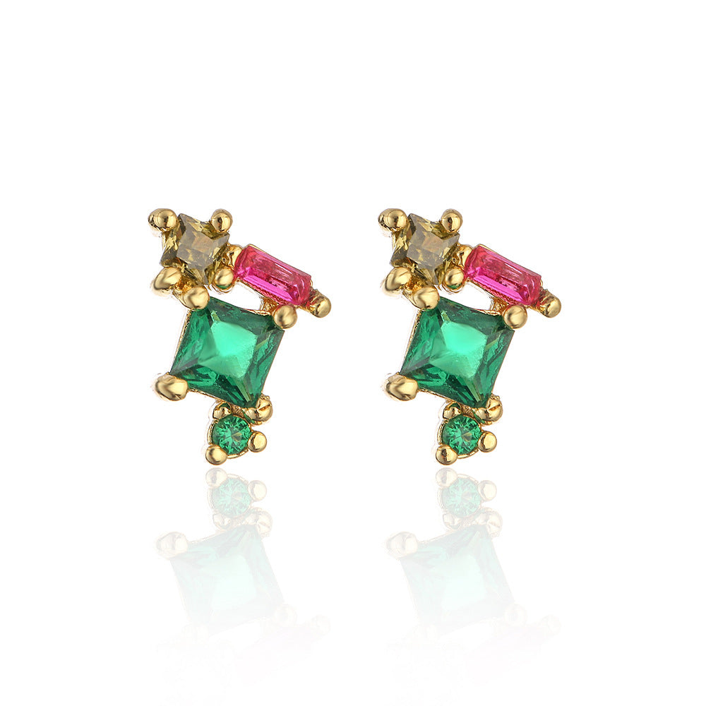 Minimalist Modern 18K Gold Plated Copper Micro-Paved Zircon Irregular Geometric Stud Earrings for Women