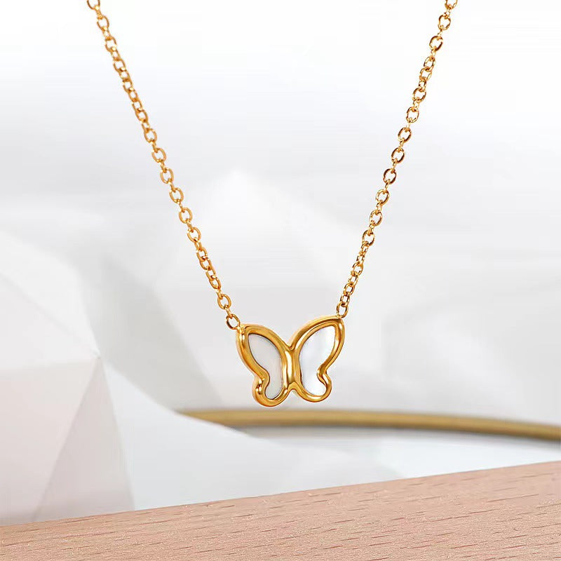 Minimalist Butterfly Pendant Necklace in Titanium Steel with 18K Gold Plating, White Mother-of-Pearl Inlay, O-Chain, Adjustable Length