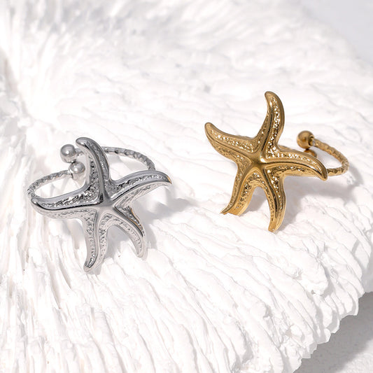 Minimalist Star-Shaped Stainless Steel Open Ring for Women with Plated Finish, Ocean-Inspired Luxury Jewelry