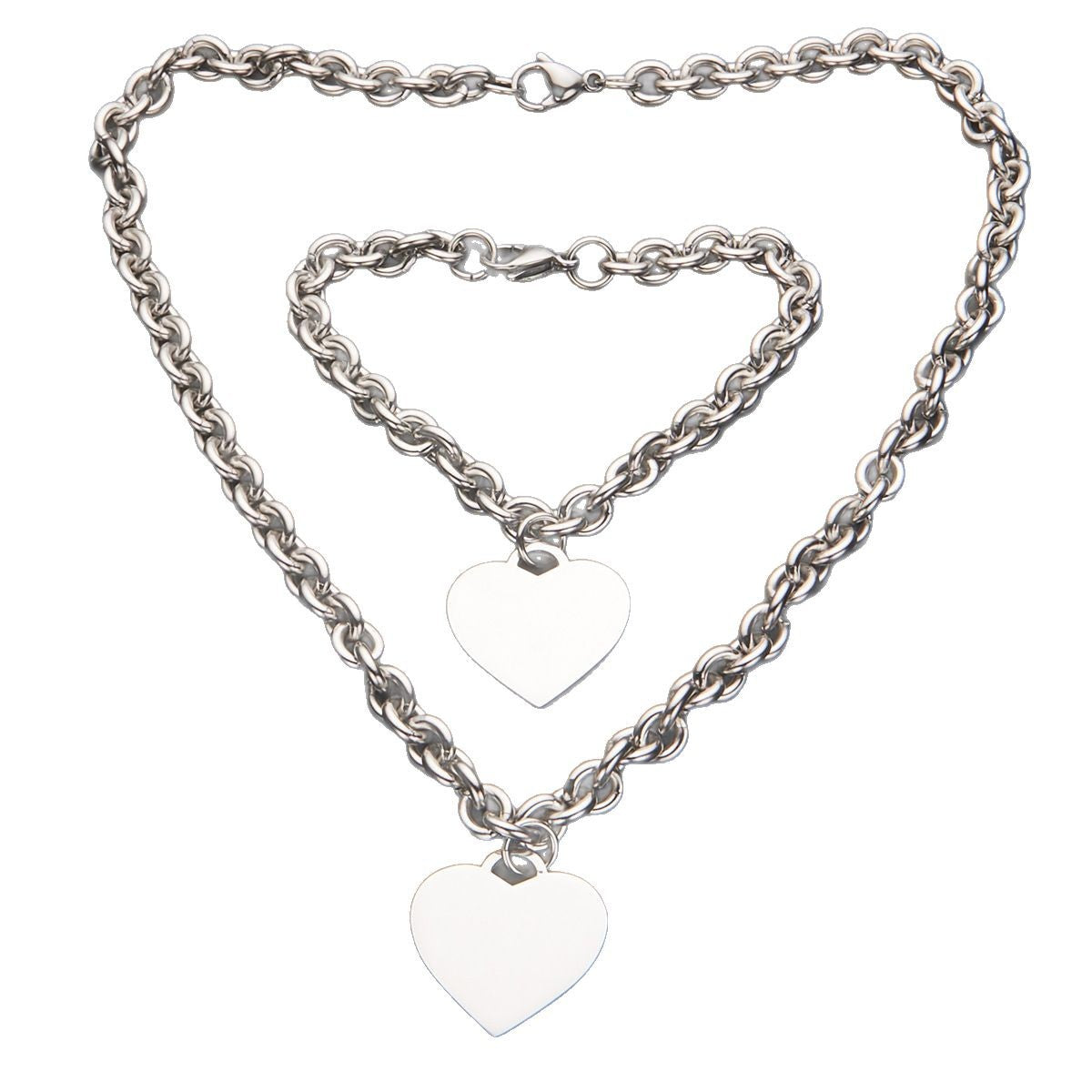 Sweet Minimalist Heart-Shaped Titanium Steel Necklace and Bracelet Set with Polished Stainless Steel Lobster Clasp