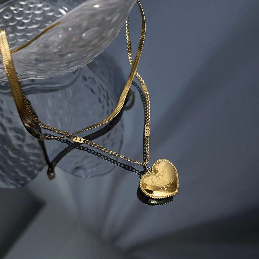 Luxury Style Double-Layer Titanium Steel LOVE Heart Pendant Necklace for Women with Gold-Plated Finish and Snake Chain