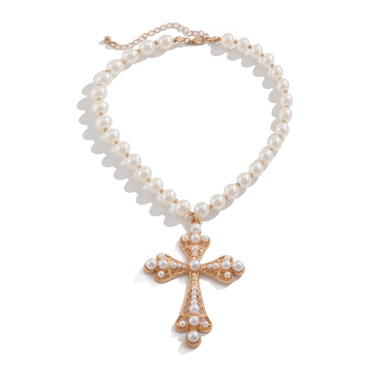 Fashion Multi-Layer Geometric Cross Rhinestone Inlay Alloy Pendant Ball Chain Necklace for Women