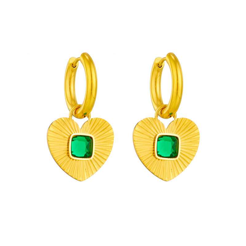 Fashionable Striped Heart-Shaped Rhinestone-Inlaid Titanium Steel Hoop Earrings for Women