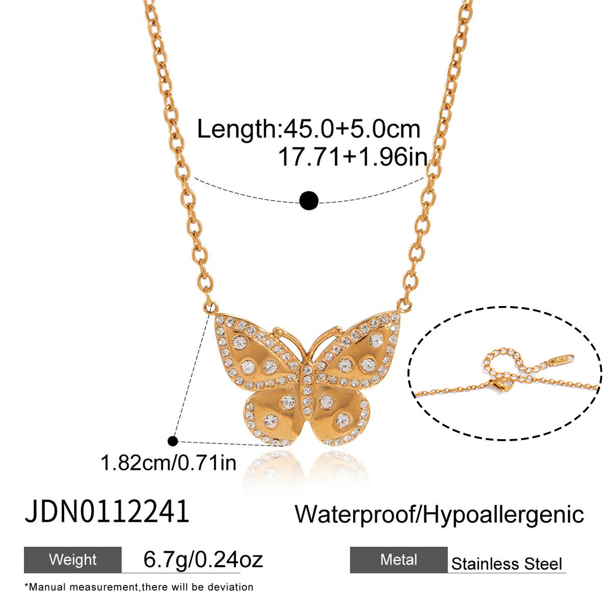 Minimalist Rhinestone Butterfly Titanium Steel Necklace PVD Gold Plated Pendant for Women