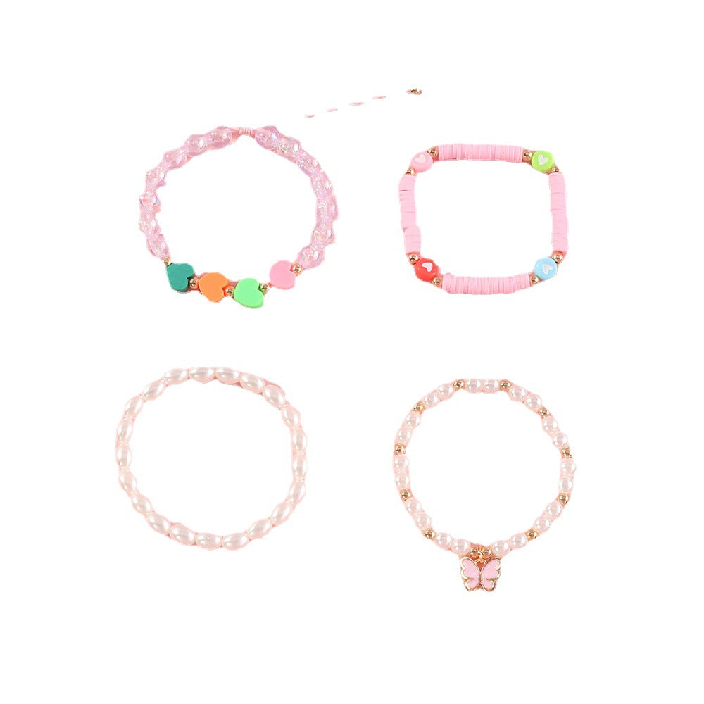 Pulsera de arcilla polimérica con mariposa y corazón esmaltados hechos a mano para niñas con detalles de perlas, bonito y versátil conjunto de joyas infantiles