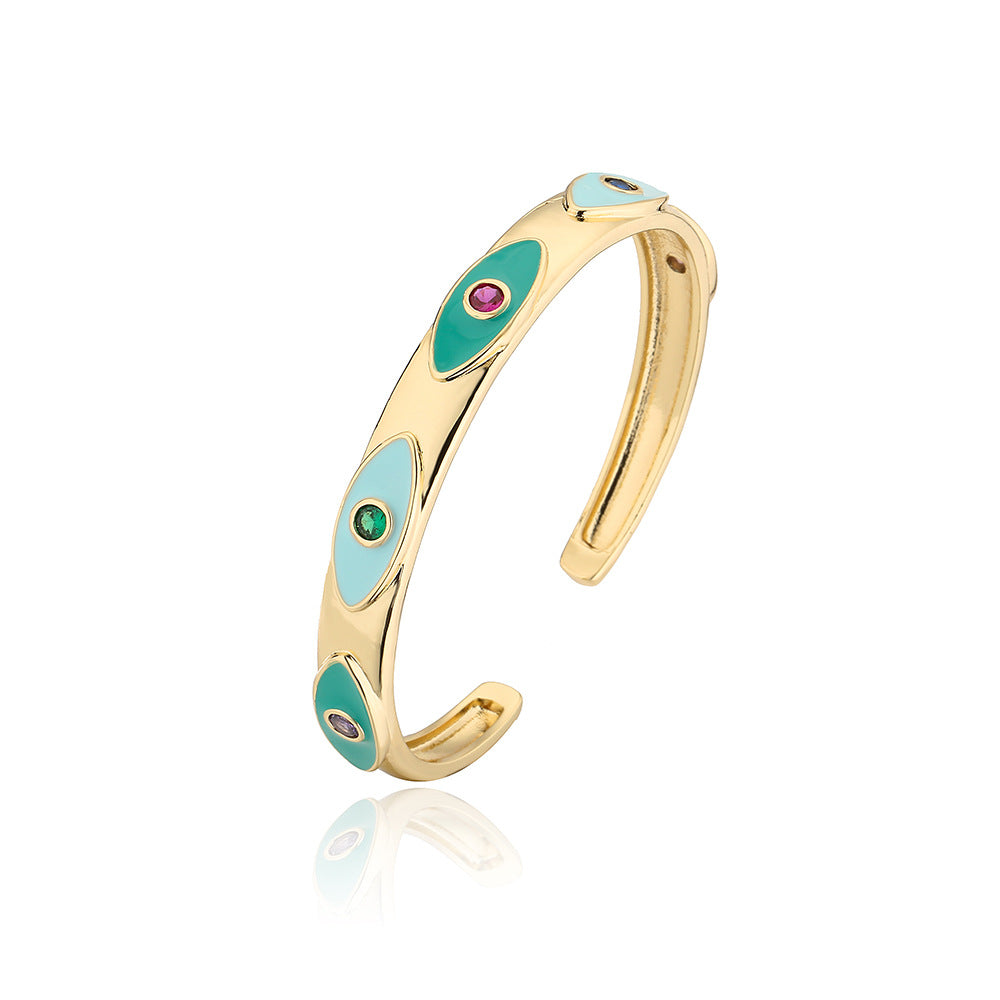 Bohemian Style Enamel Zircon Eye Bracelet for Women Copper Gold-Plated Open Bangle with Geometric Pattern