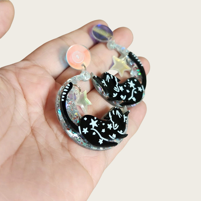 Vintage Halloween Acrylic Earrings with Zodiac Moon and Black Cat Design for Women