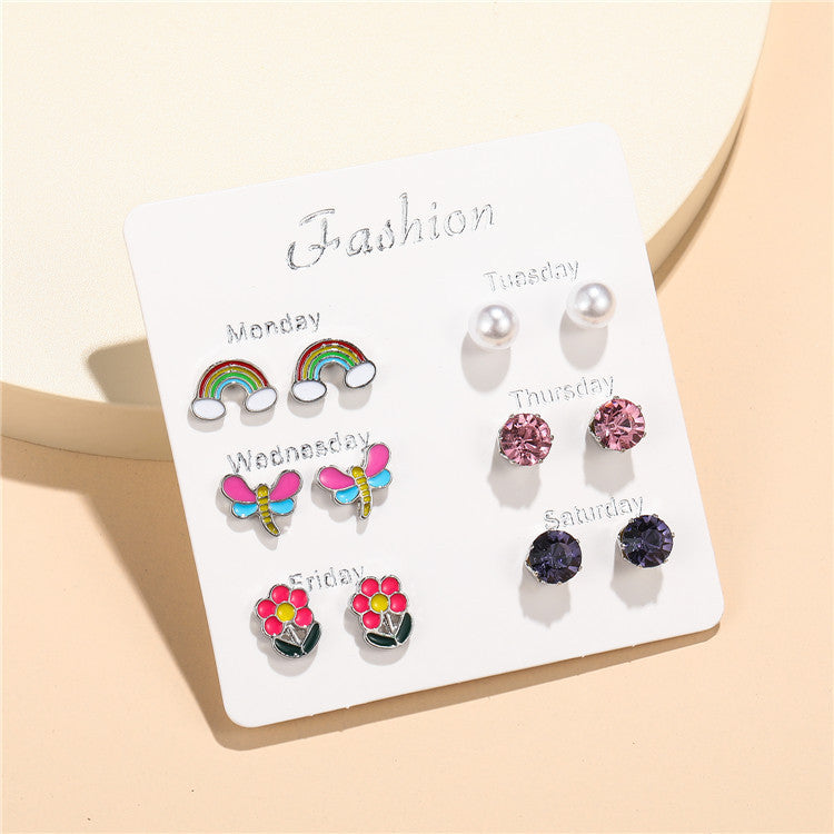 Cartoon Animal Stud Earrings Set for Kids Alloy Jewelry with Enamel Finish Rainbow Color Design