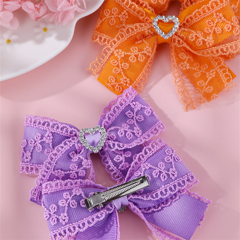Horquilla de tela en forma de lazo estilo natural para niñas con detalles de volantes y malla, horquilla de pico de pato con temática de princesa