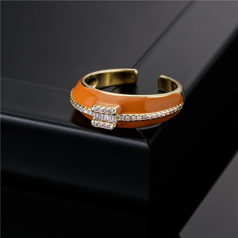 Geometric Micro-inlay Cubic Zirconia Brass Drip Oil Plated 18K Gold Open Ring for Women