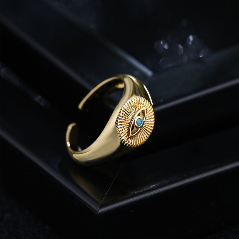 Geometric Eye-Shaped Open Ring for Women in Copper with 18K Gold Plating and Zircon Inlay
