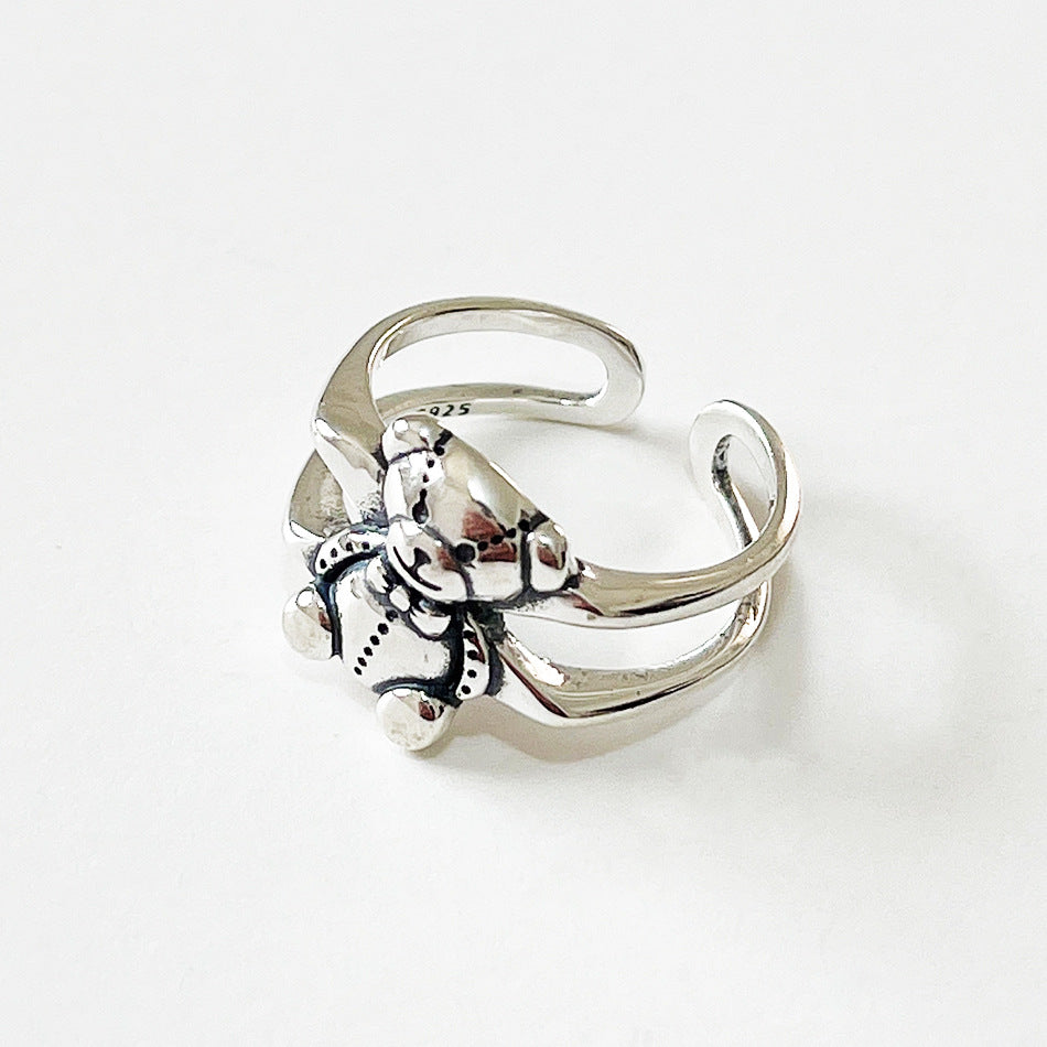 Minimalist Bear-Shaped 925 Sterling Silver Ring for Women with Inlay Craftsmanship