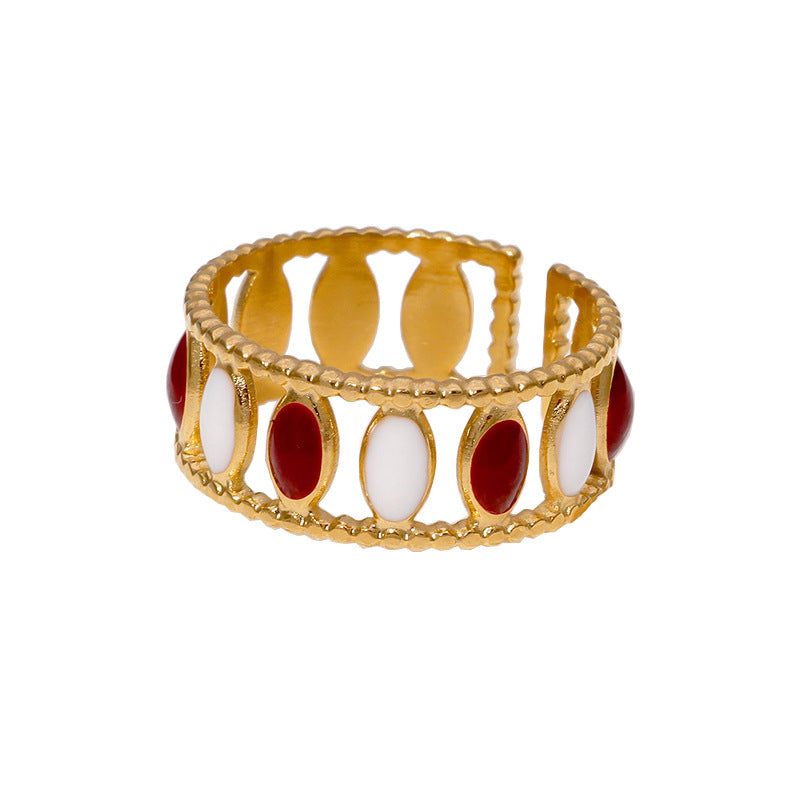 Vintage French-Style Geometric Enamel Gold-Plated Stainless Steel Open Ring for Women