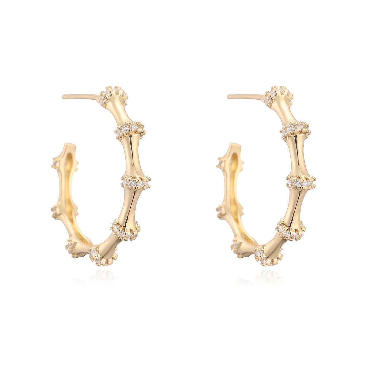 Luxury Elegant Geometric Gold Plated Brass C-Shape Bamboo Hoop Earrings with Cubic Zirconia for Women
