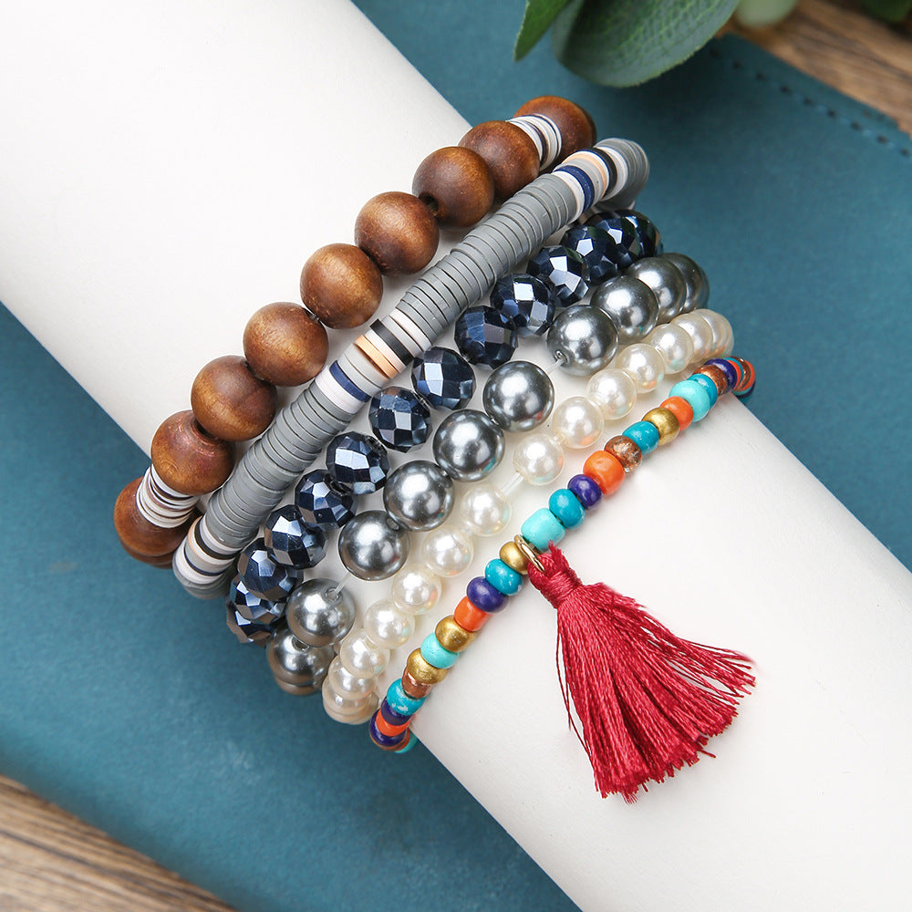 Bohemian Geometric Round Alloy Glass Wood Pearl Resin Bracelet Set