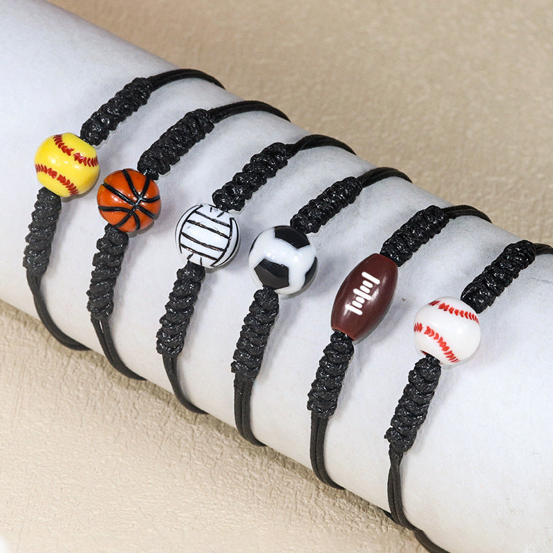 Sporty Handmade Braided Wax Cord Bracelet with Basketball Football Baseball Charms Adjustable Unisex DIY Charm Bar