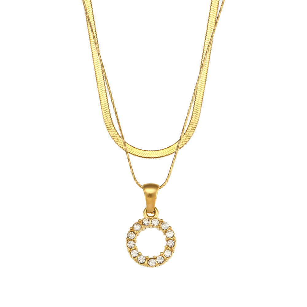 Fashionable Minimalist Letter Pendant Necklace in Stainless Steel with 18K Gold Plating and Cubic Zirconia on Double Snake Chain for Women