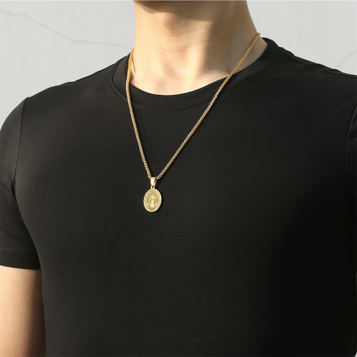 Minimalist Geometric Stainless Steel Saint Benedict Medal Pendant Necklace with Plated Finish for Women