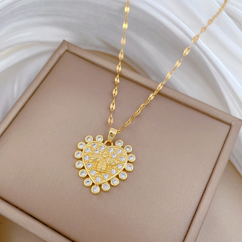 Geometric Heart Pendant Necklace for Women Stainless Steel Chain with Zircon Inlay Luxe Minimalist Locket Necklace
