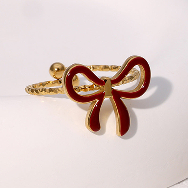 Delizioso Anello Aperto da Donna a Forma di Fiocco in Acciaio Inossidabile Placcato Oro Stile Minimalista