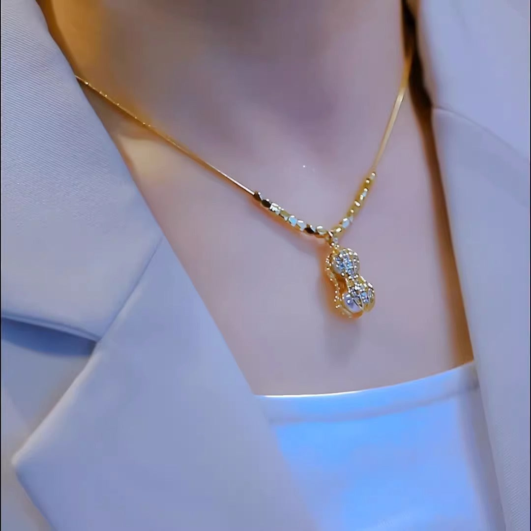 Minimalist Peanut-Shaped Titanium Steel Necklace with Plated Finish for Women, Delicate Clavicle Chain
