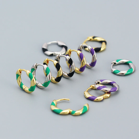 Sweet Colorful Spiral Drip Oil Enamel Geometric 925 Sterling Silver Hoop Earrings for Women