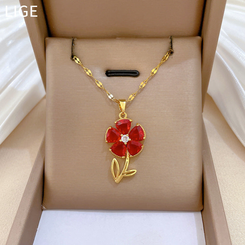 Sweet Minimalist Geometric Moon Floral Rhinestone Brass Pendant Titanium Steel Necklace for Unisex