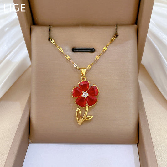 Sweet Minimalist Geometric Moon Floral Rhinestone Brass Pendant Titanium Steel Necklace for Unisex