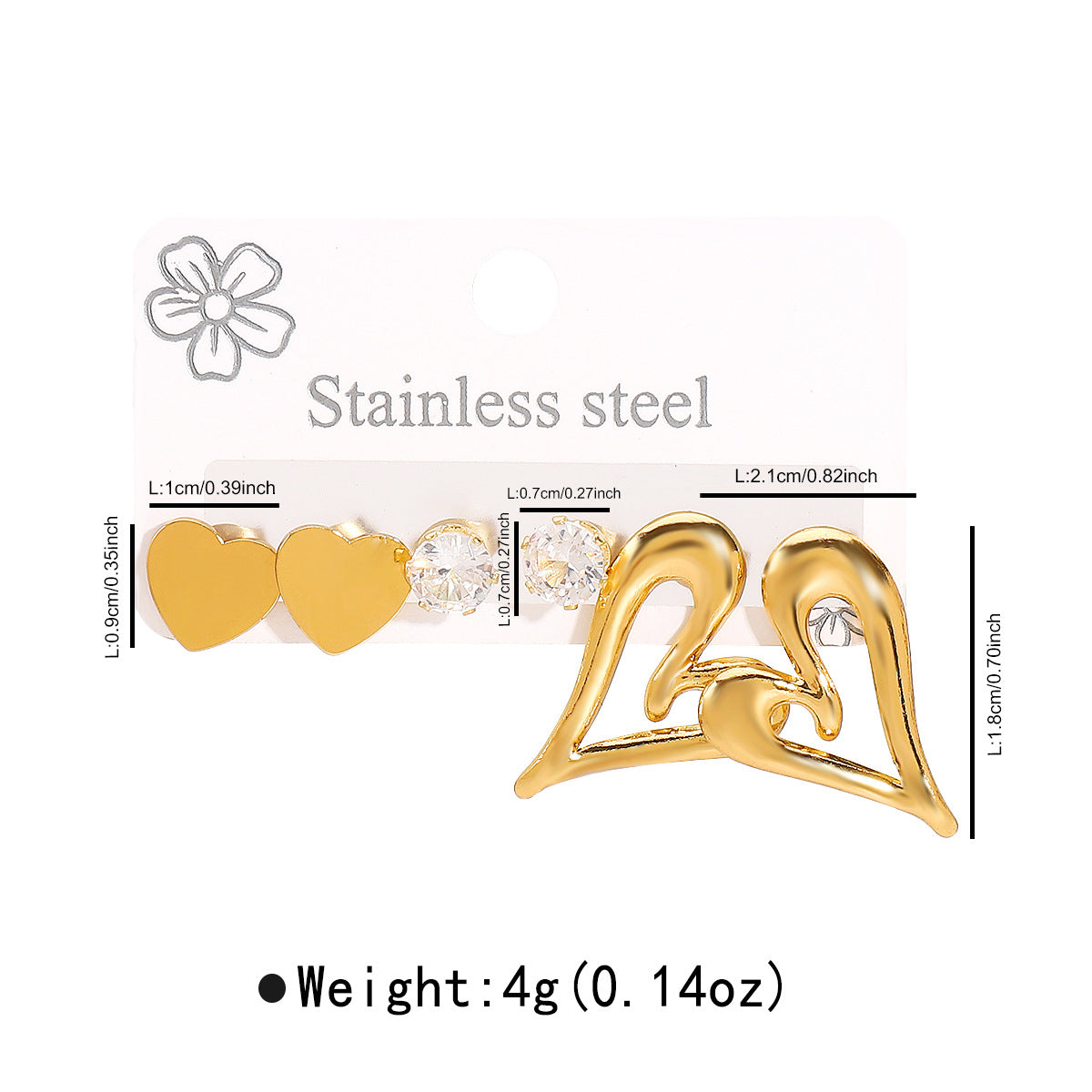 Orecchini a perno con strass bianchi geometrici a forma di cuore a farfalla, in acciaio inossidabile placcato oro 14K, minimalisti, da donna