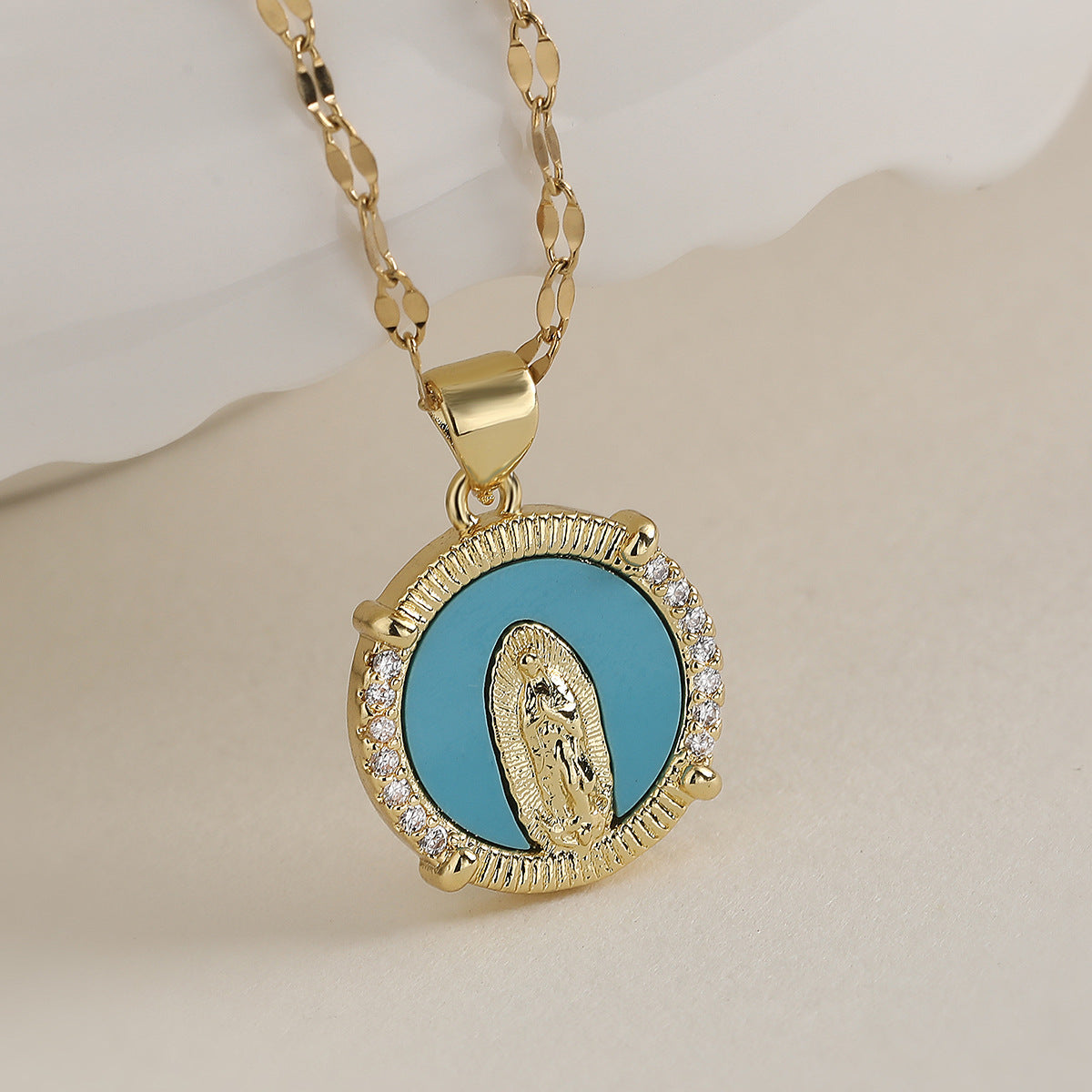 Vintage Minimalist Brass Gold Plated Geometric Virgin Mary Pendant with Cubic Zirconia