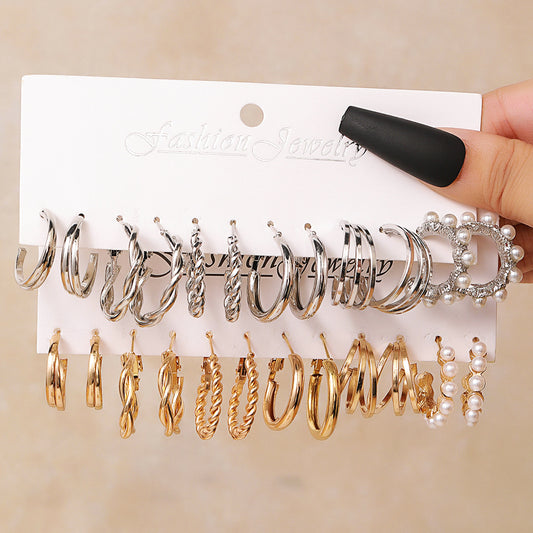 Minimalist Elegant Round Geometric Alloy Plated Rope Chain C-Hoop Earrings with Pearl