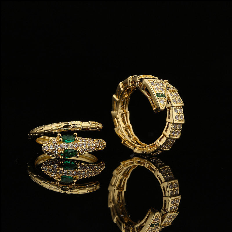 Vintage Geometric Bamboo Joint Snake Ring in Copper with 18K Gold Plating and Micro-Pave Zirconia for Women