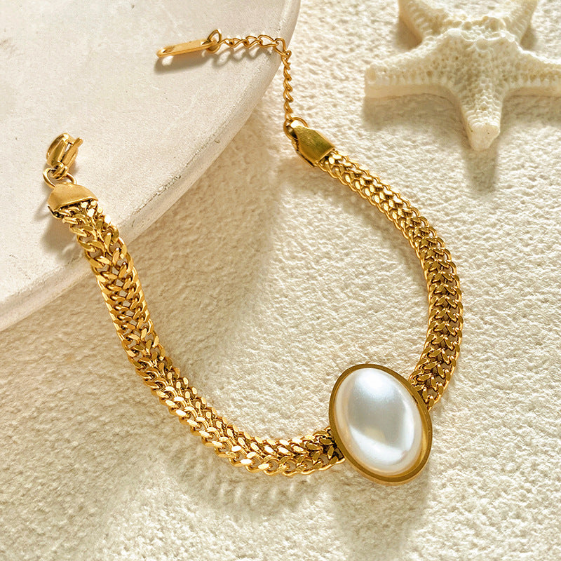 Plated Titanium Steel Curb Chain Bracelet with Pearl Inlay Unisex