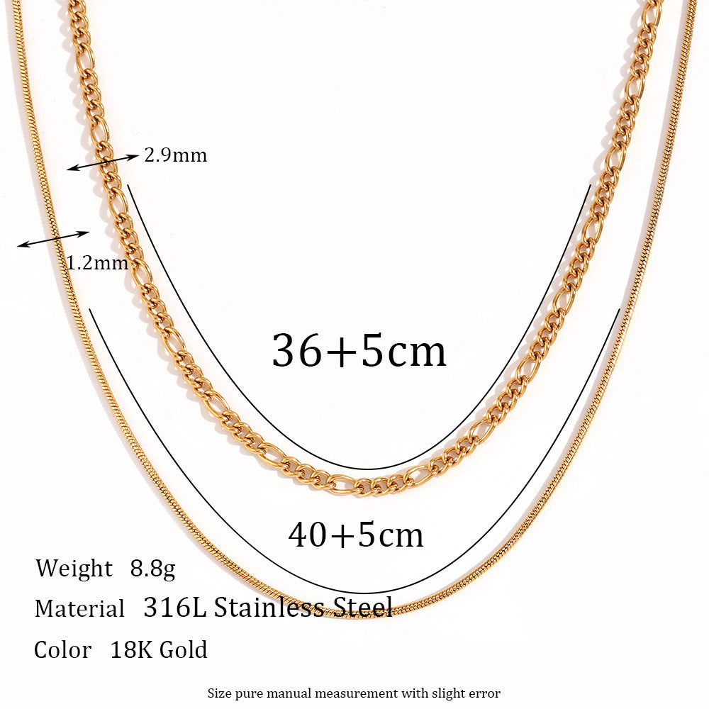 Minimalist Geometric Stainless Steel Plated 18K Gold Double-Layer Figaro Chain Necklace for Women