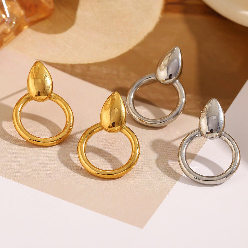 Minimalist Geometric Stainless Steel Earrings with 18K Gold Plating Waterdrop and Hoop Hybrid Design for Women