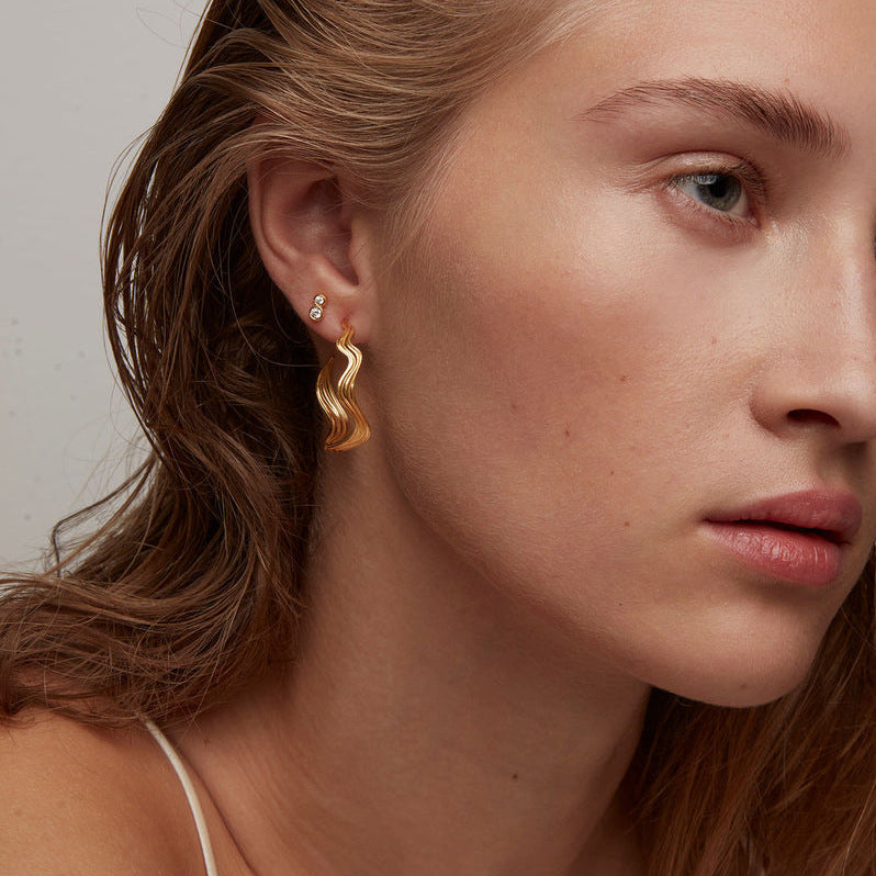 18K Gold Plated Geometric Stainless Steel Wave Hoop Earrings for Women
