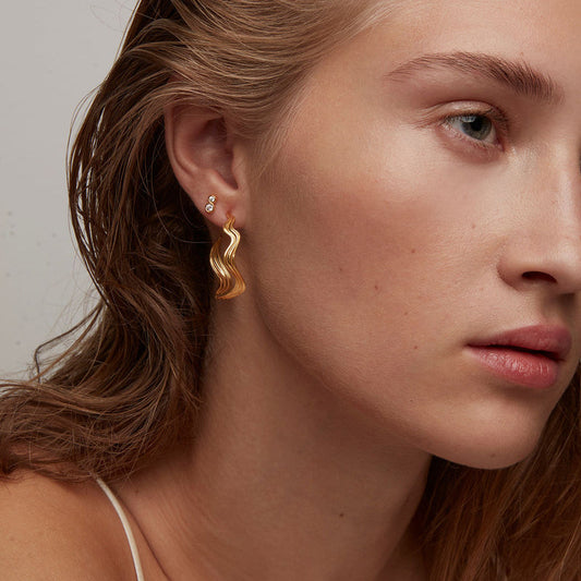 18K Gold Plated Geometric Stainless Steel Wave Hoop Earrings for Women