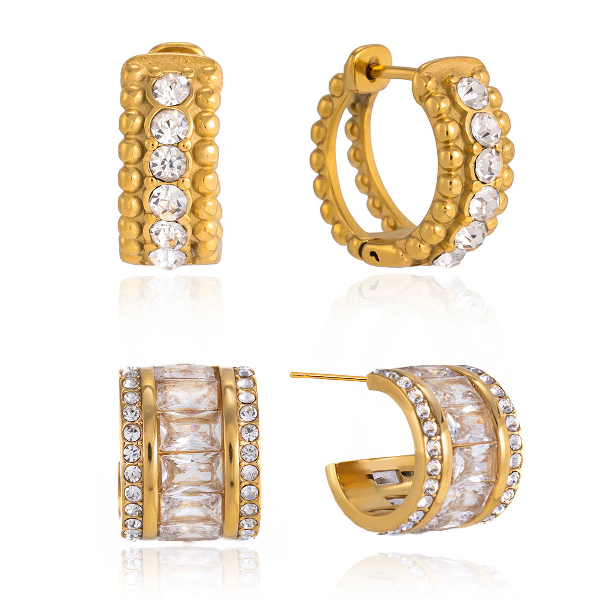Elegant Geometric C-Hoop Stainless Steel Earrings with Rhinestone and Cubic Zirconia Inlay